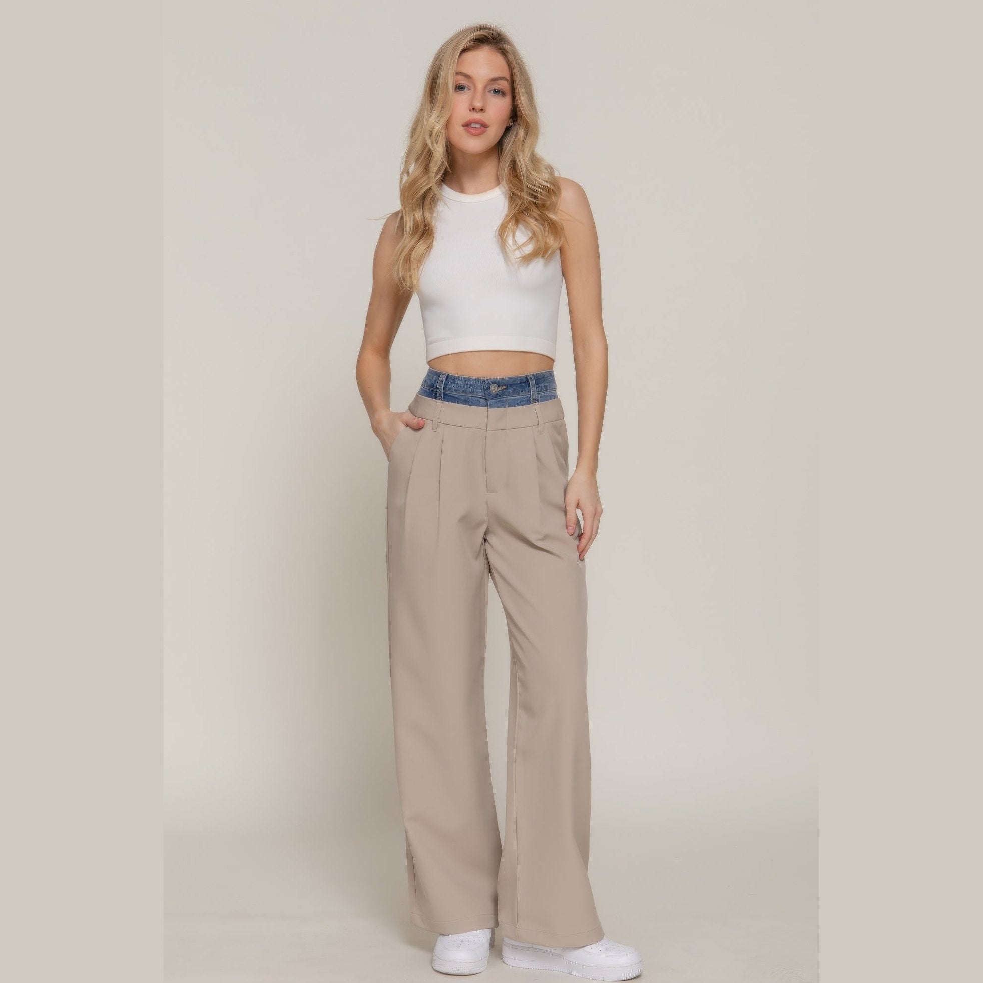 VacationGrabs women's denim accent wide leg pants in beige with blue denim waistband