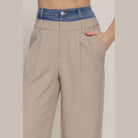 VacationGrabs women's beige wide leg pants with denim accent wide leg pants waistband detail