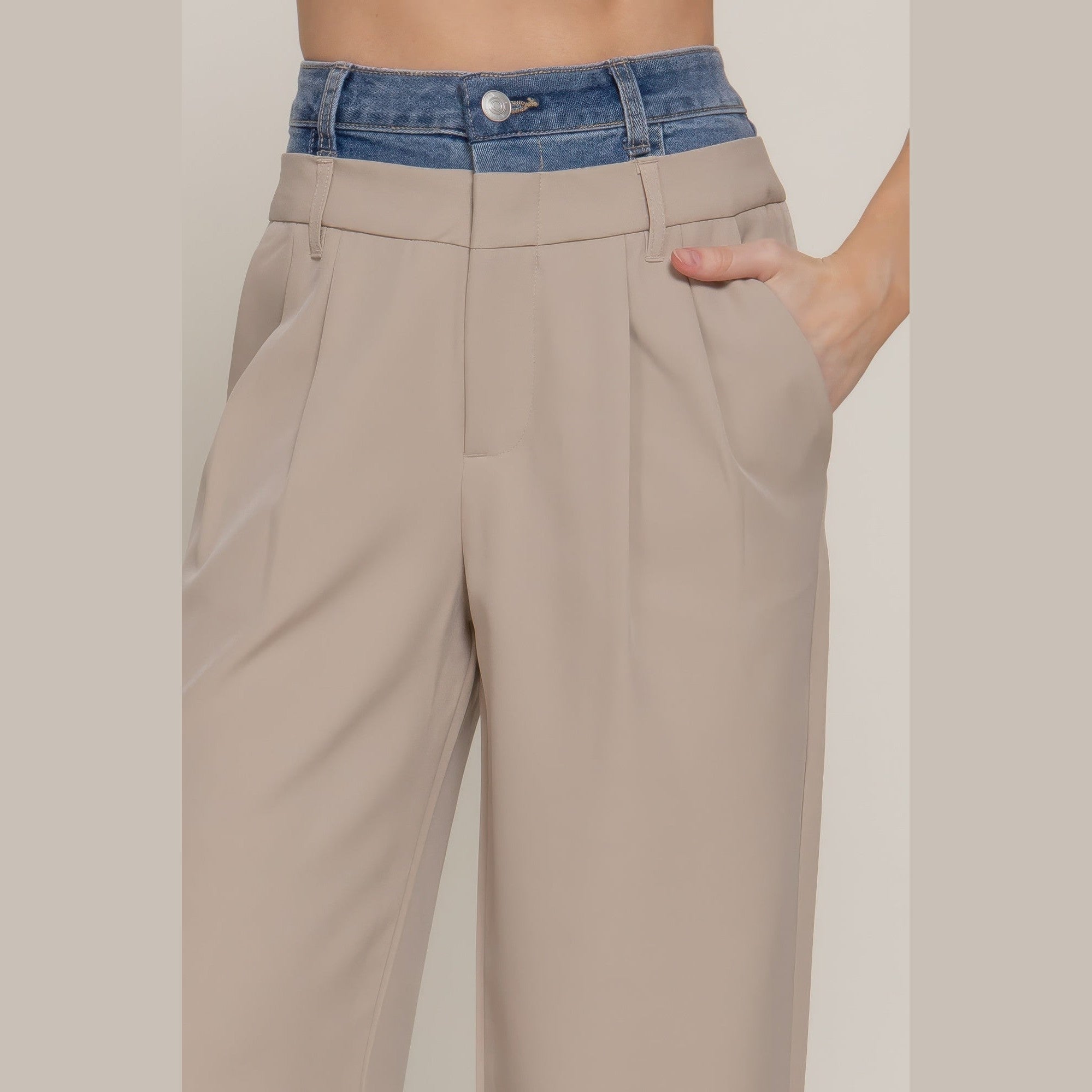 VacationGrabs women's beige wide leg pants with denim accent wide leg pants waistband detail