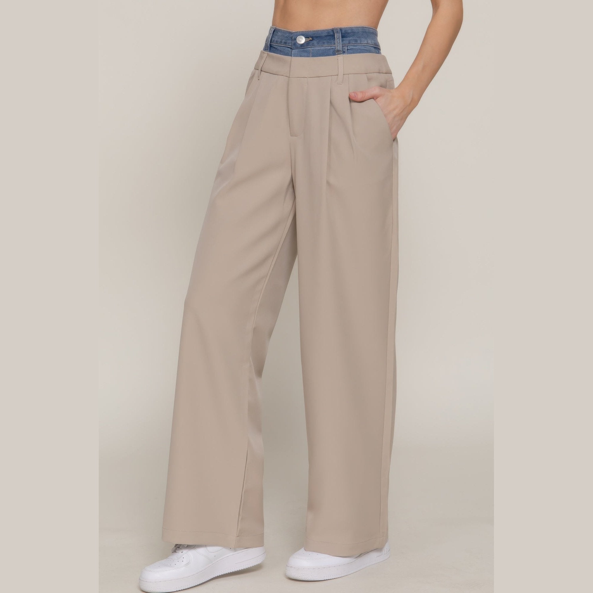 VacationGrabs women's beige denim accent wide leg pants with front pockets and button closure