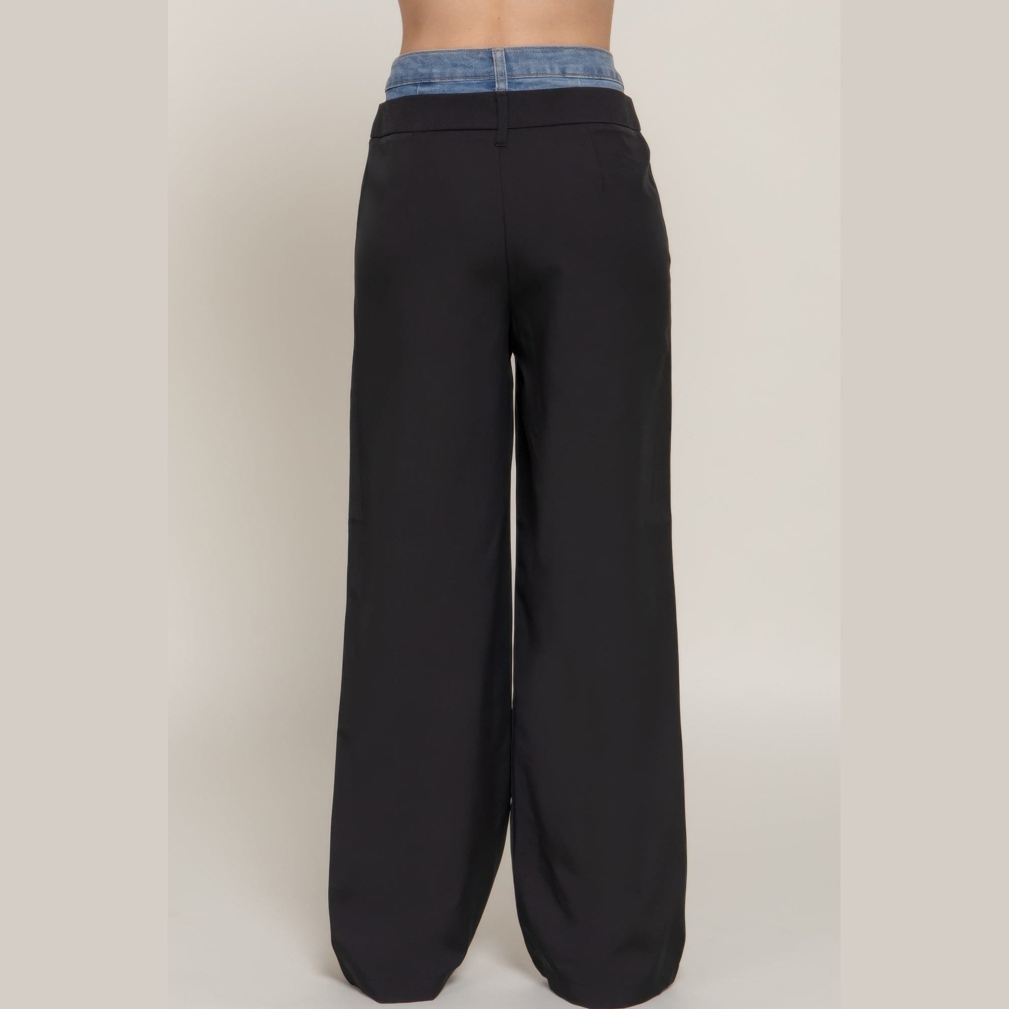 VacationGrabs women's denim accent wide leg pants with black wide legs and denim waist detail
