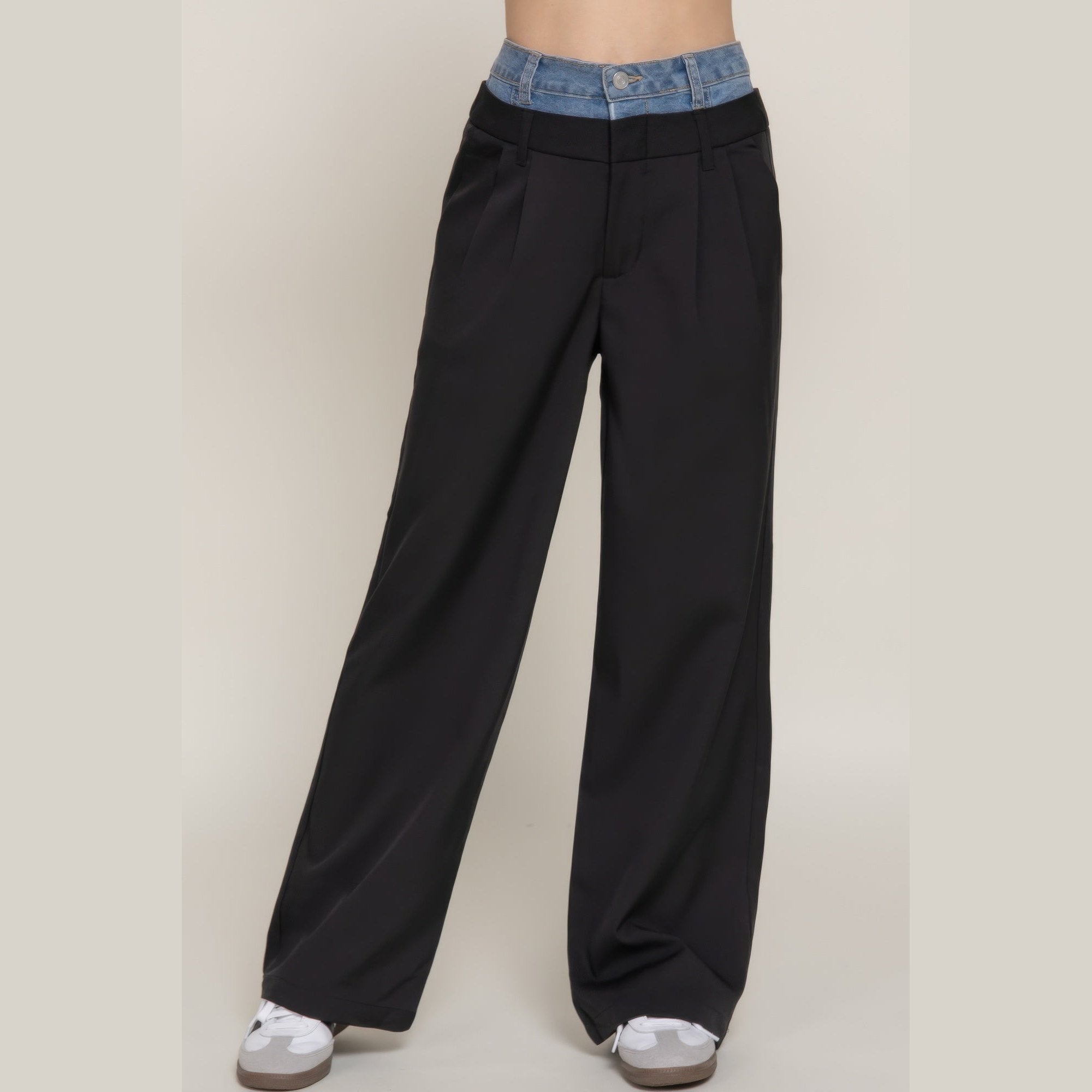 VacationGrabs women's denim accent wide leg pants with black fabric and denim waistband
