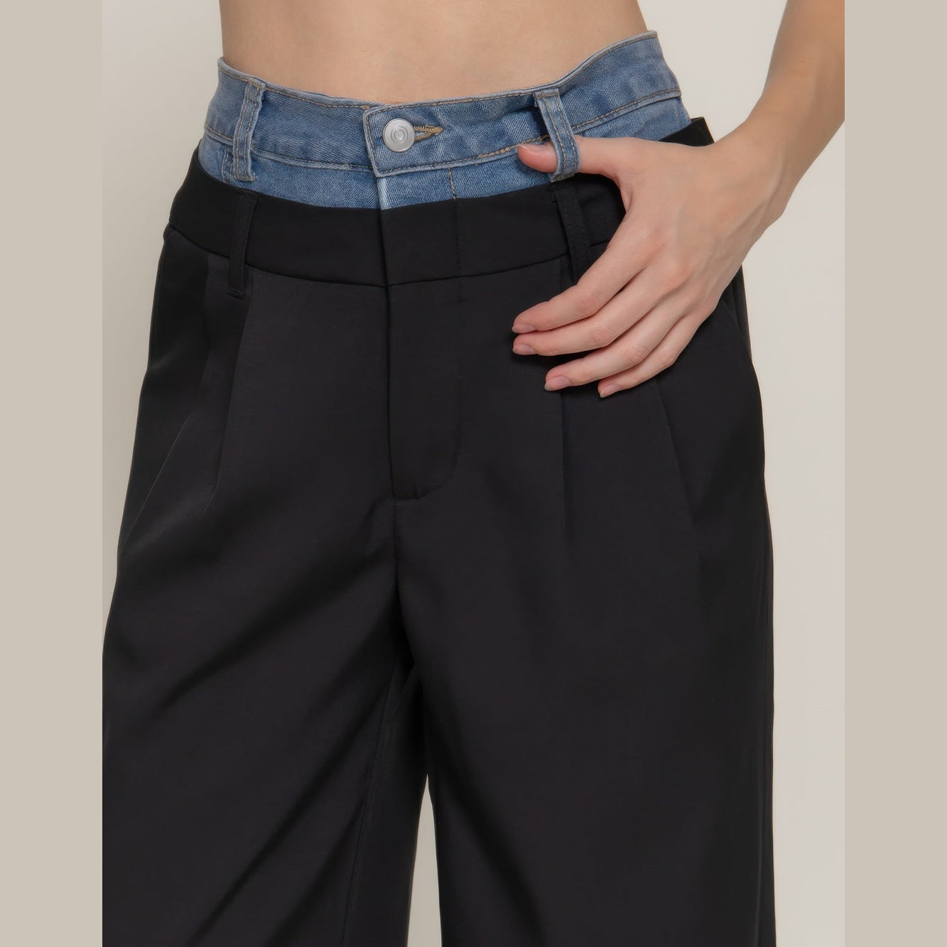 VacationGrabs women's black wide leg pants with denim accent wide leg pants waistband detail