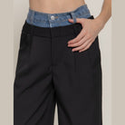VacationGrabs women's black wide leg pants with denim accent wide leg pants waistband detail