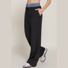 VacationGrabs women's denim accent wide leg pants in black with a denim waistband and side pockets