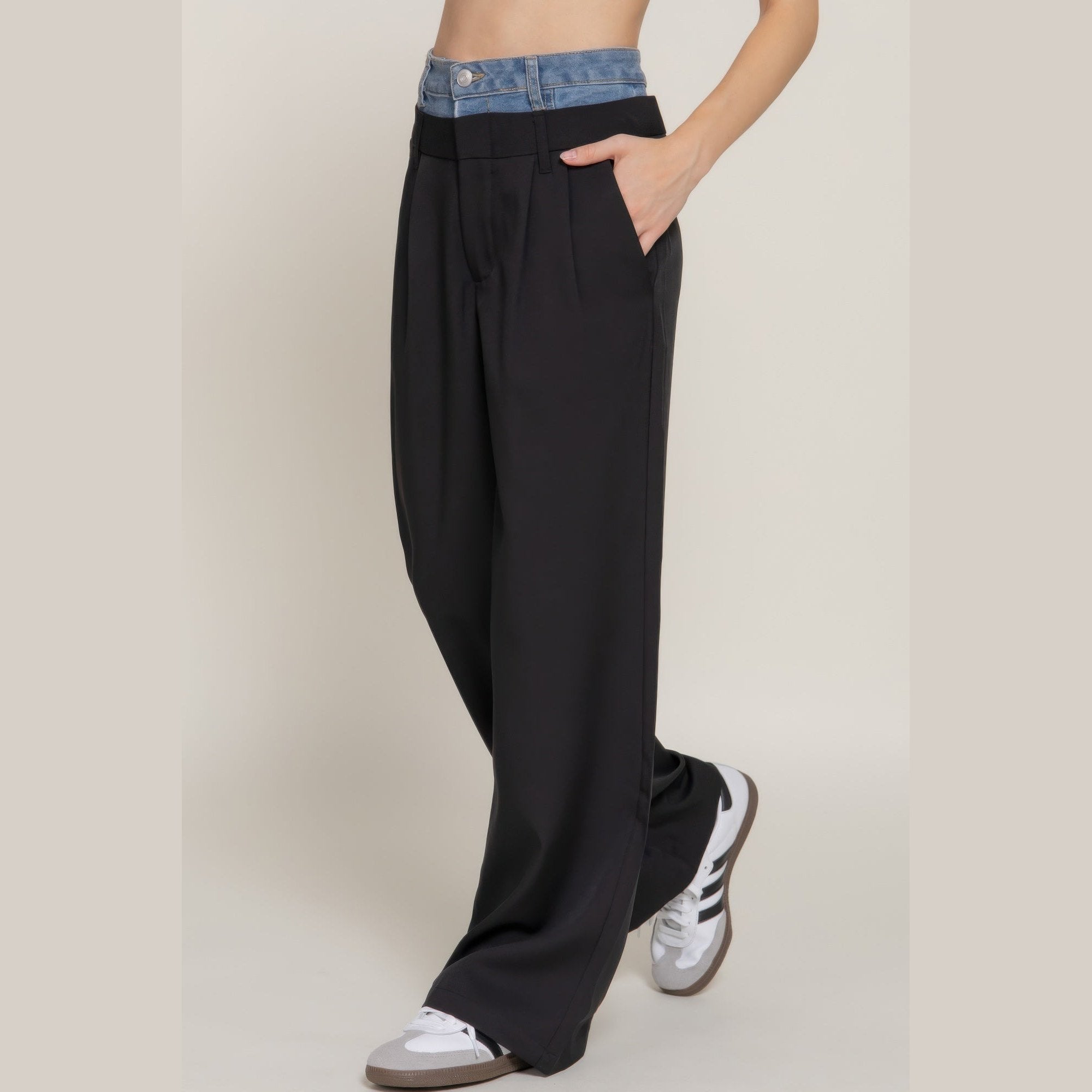 VacationGrabs women's denim accent wide leg pants in black with a denim waistband and side pockets