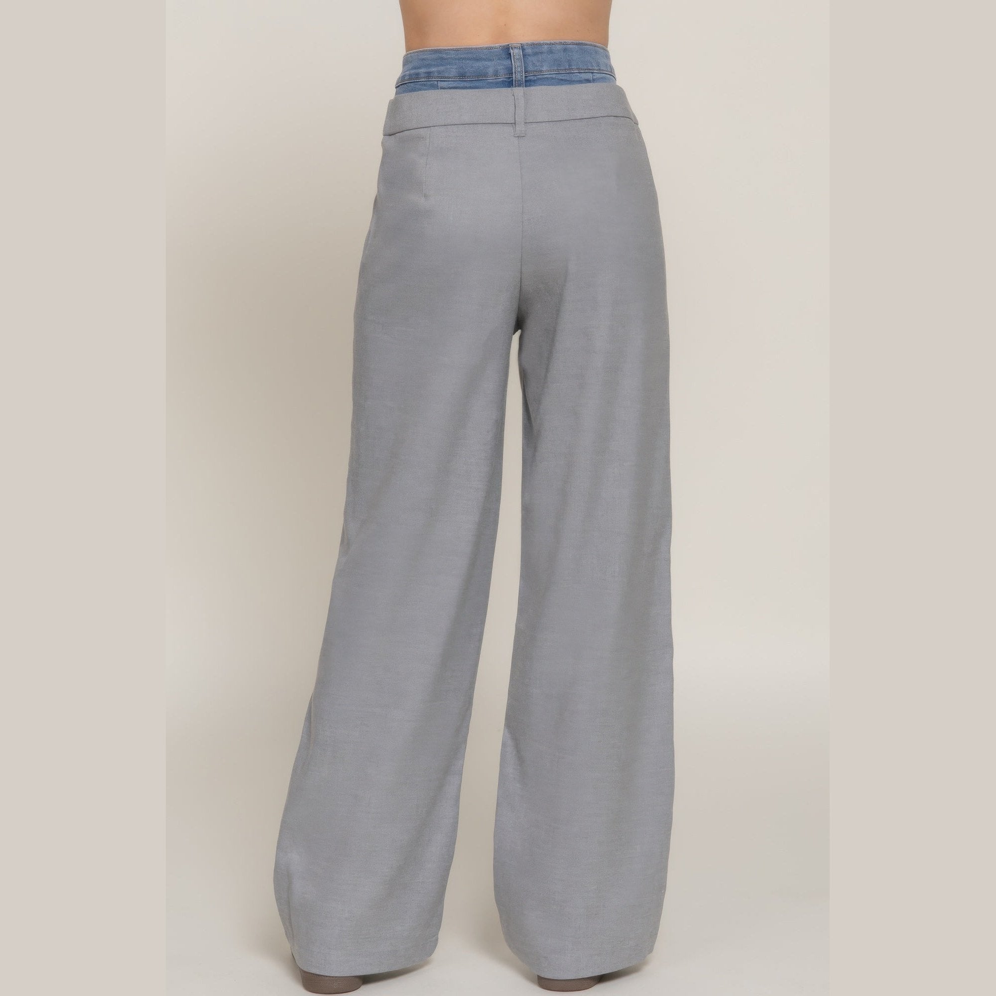 Women's denim accent wide leg pants in gray with a blue denim waistband by VacationGrabs