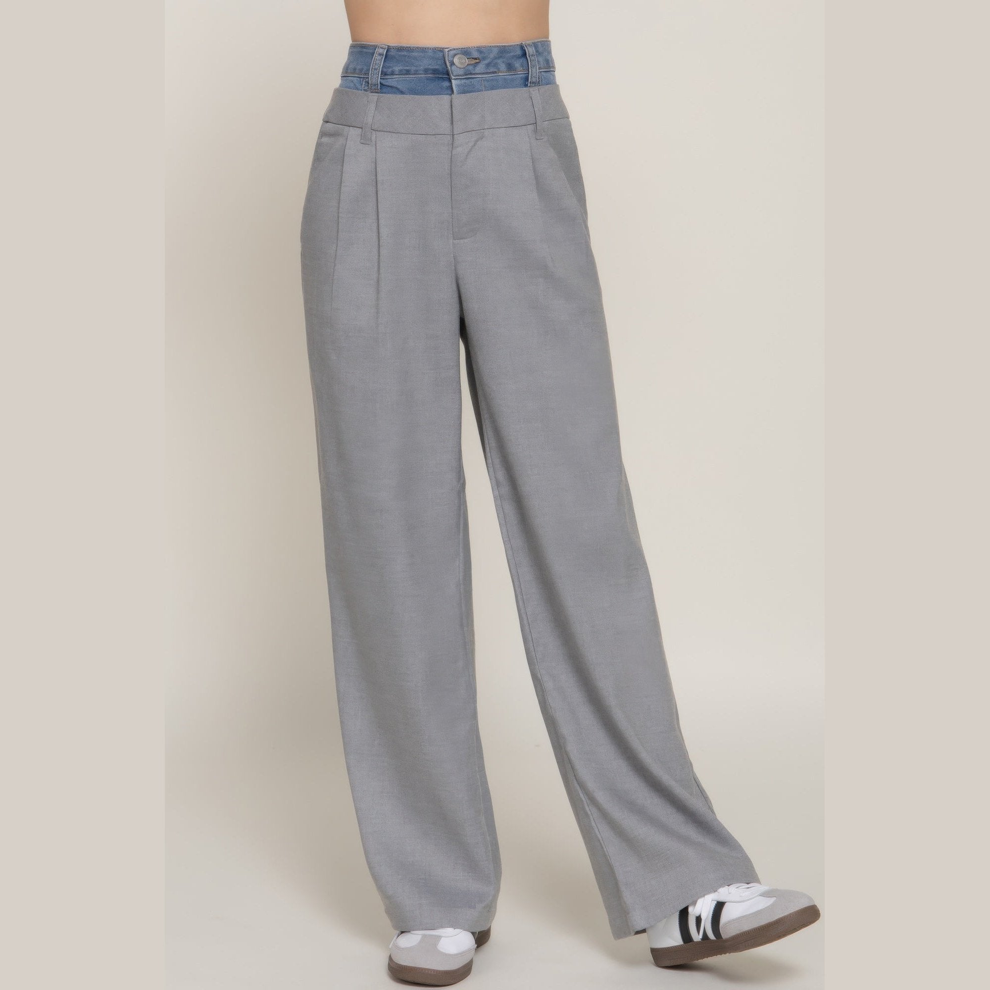 VacationGrabs women's denim accent wide leg pants in gray with blue denim waistband and relaxed fit