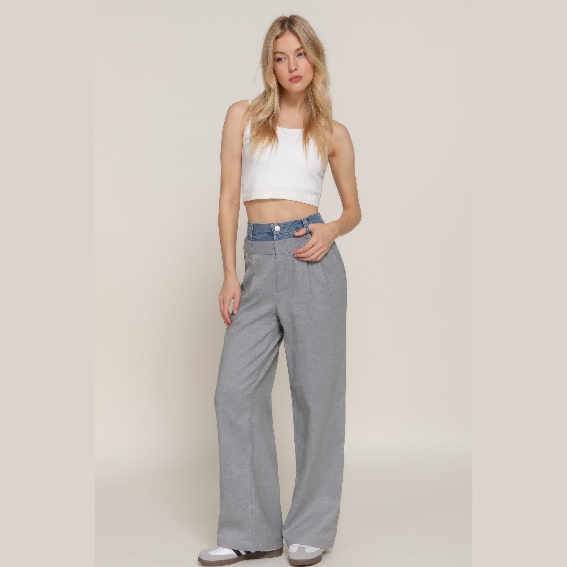 VacationGrabs women's denim accent wide leg pants in gray with high waist and relaxed fit
