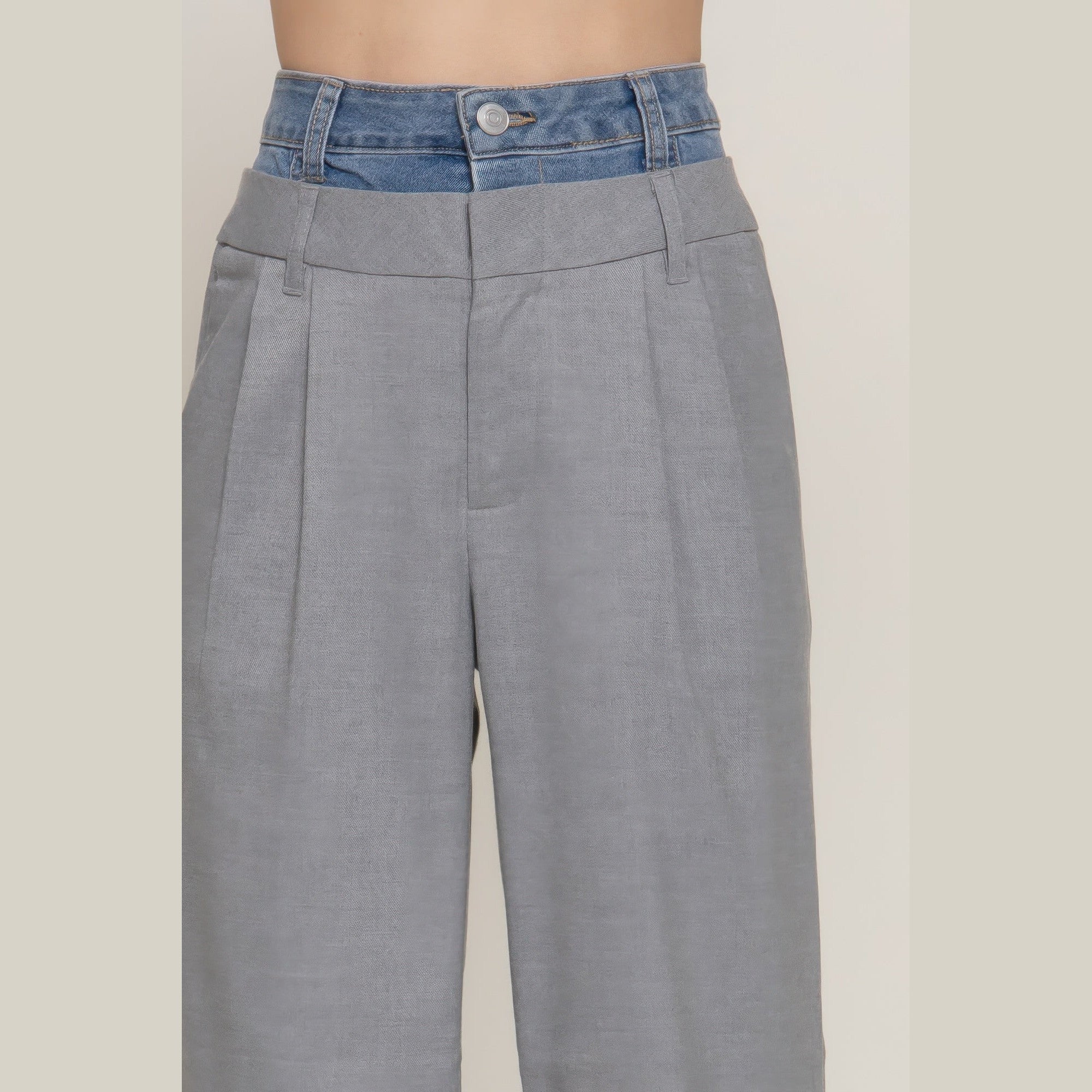 VacationGrabs women's denim accent wide leg pants with high waist and belt loops in gray fabric