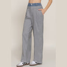VacationGrabs women's denim accent wide leg pants with gray fabric and denim waistband