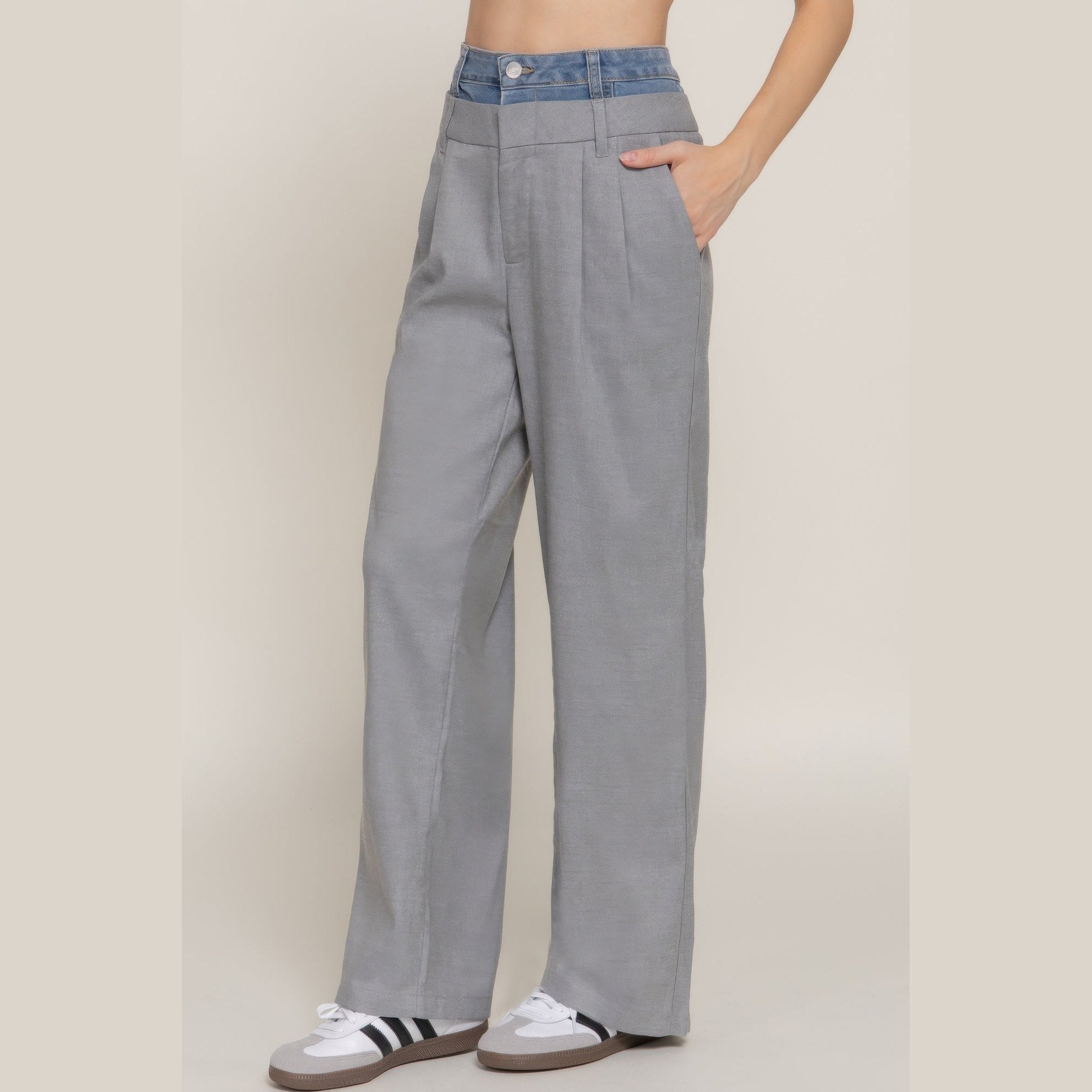 VacationGrabs women's denim accent wide leg pants with gray fabric and denim waistband