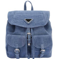Denim double pocket backpack with flap closure and adjustable straps for casual outings