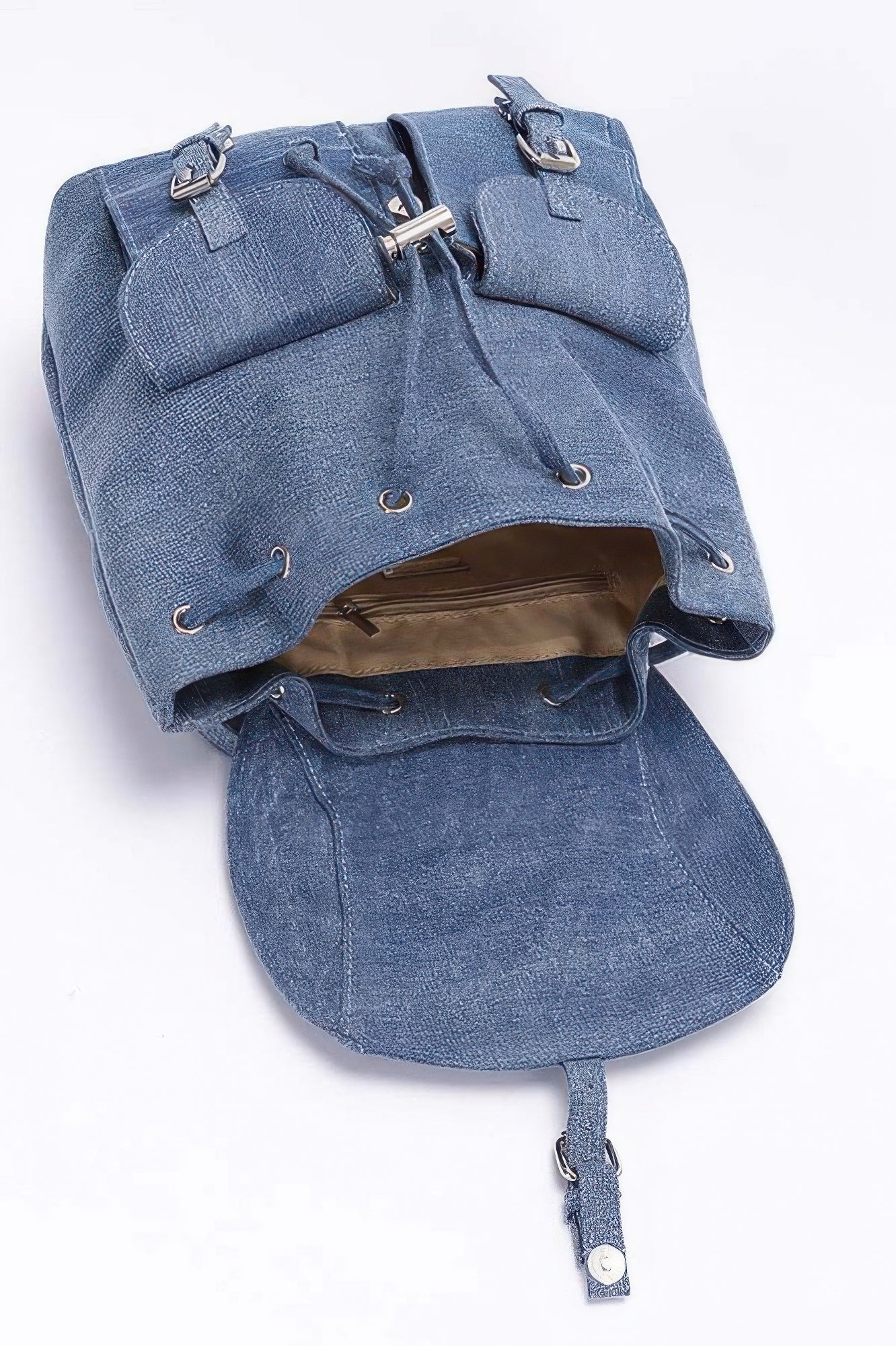 Denim double pocket backpack with spacious interior and stylish design for everyday use