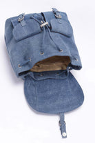 Denim double pocket backpack with spacious interior and stylish design for everyday use