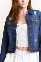Women's denim jacket with distressed details for casual wear
