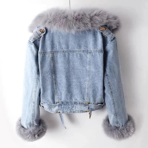 Light blue denim jacket with fur collar and cuffs for stylish layering