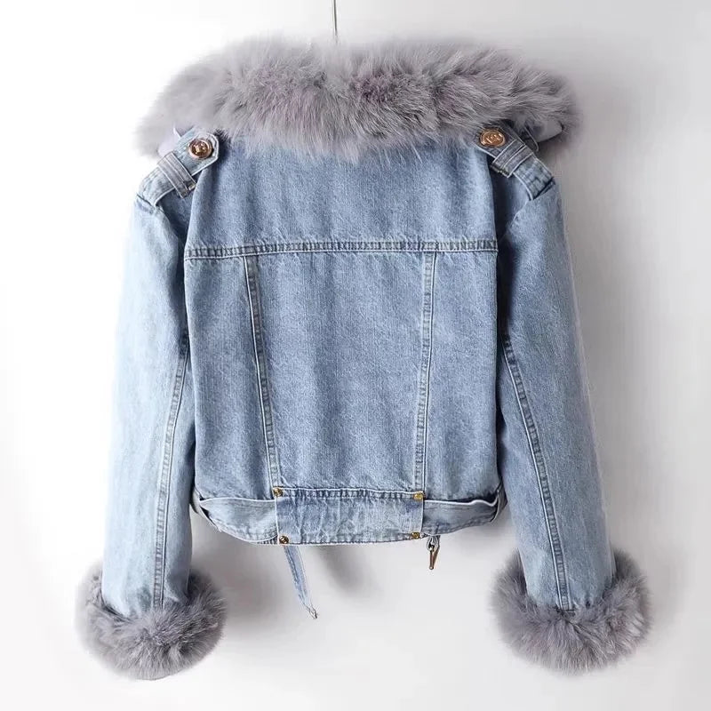 Light blue denim jacket with fur collar and cuffs for stylish layering