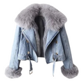 Denim jacket with fur trim on a white background