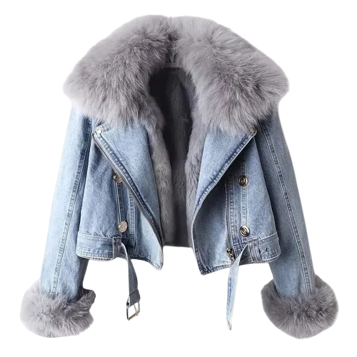 Denim jacket with fur trim on a white background