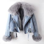 Denim jacket with gray fur collar, stylish and warm for winter wear