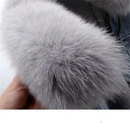 Gray denim jacket with plush fur collar for stylish warmth