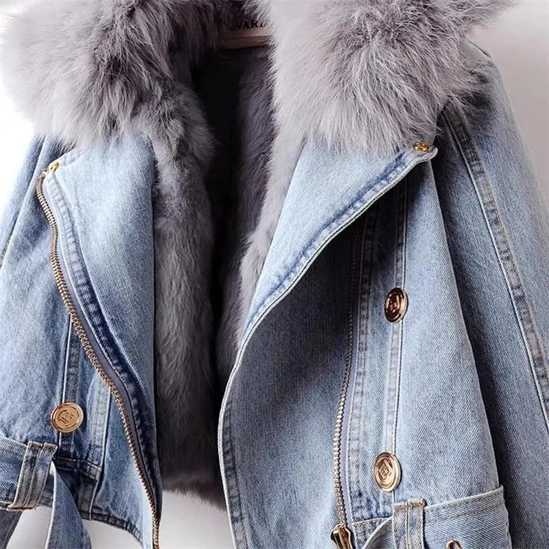 Light blue denim jacket with faux fur collar for warmth