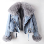SHOMICOBOUTIQUE denim jacket with faux fur liner featuring a stylish collar and soft cuffs