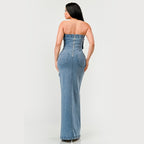 Athina strapless jean maxi dress in blue denim with back zipper and two rear pockets