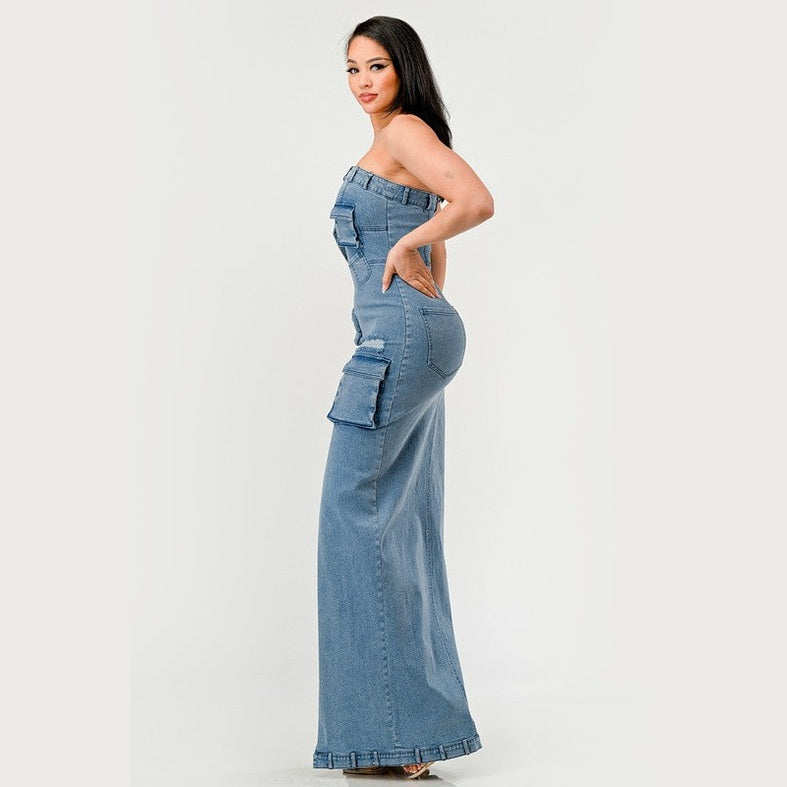 Athina strapless jean maxi dress with cargo pockets worn by woman posing sideways