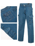 Generation XYZ blue denim travel cargo pants for men with multiple pockets and durable fabric
