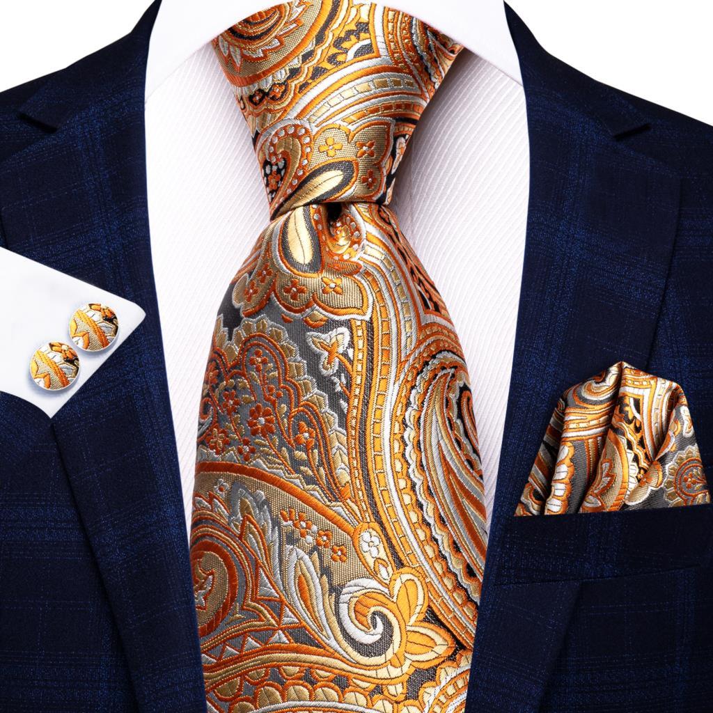 Men's Accessories - Ties Designer Gold Solid Silk Wedding Tie For Men Hanky Cufflink Gift