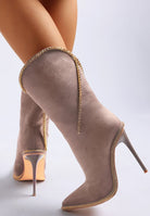 Stylish designer heeled boots with diamante chain in soft grey for fashionable women's footwear
