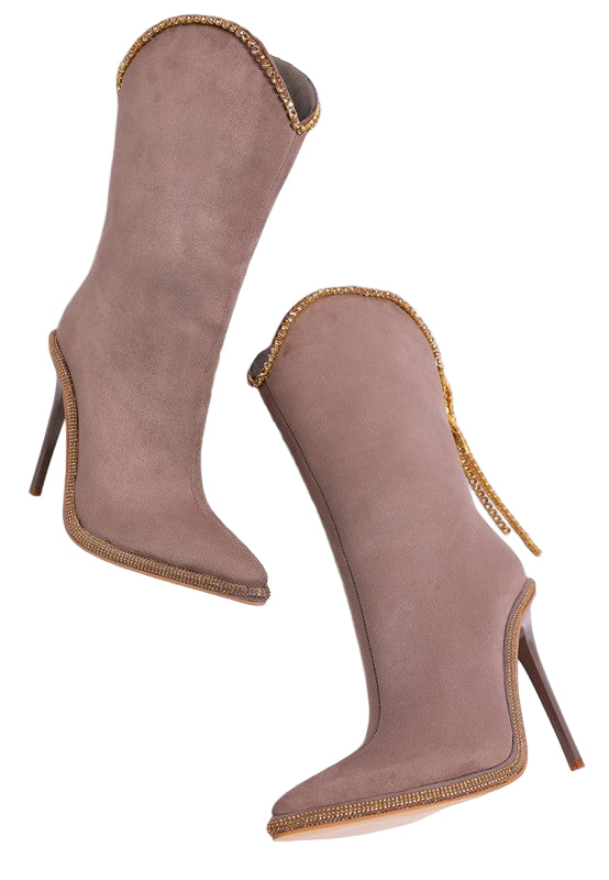 Rag Company designer heeled boots with diamante chain in soft taupe for a chic look