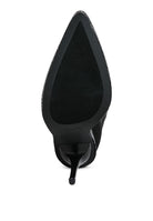 Sleek black designer heeled boots with diamante chain featuring a pointed toe and elegant style