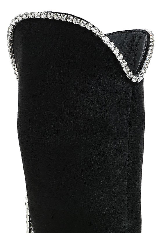 Close-up of Rag Company designer heeled boots with diamante chain for a stylish look