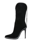 Stylish Rag Company designer heeled boots with diamante chain in black suede for a chic look