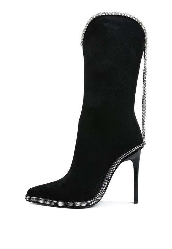 Stylish Rag Company designer heeled boots with diamante chain in black suede for a chic look