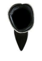 Inside view of Rag Company designer heeled boots with diamante chain in sleek black material