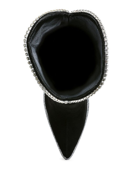 Inside view of Rag Company designer heeled boots with diamante chain in sleek black material
