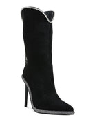 Stylish black designer heeled boots with diamante chain for a chic look at any event