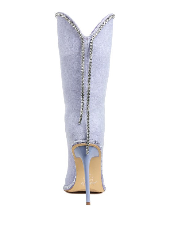 Rag Company designer heeled boots with diamante chain in soft blue with stylish back detail