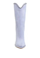 Rag Company designer heeled boots with diamante chain in lavender color featuring a stylish v-shaped top