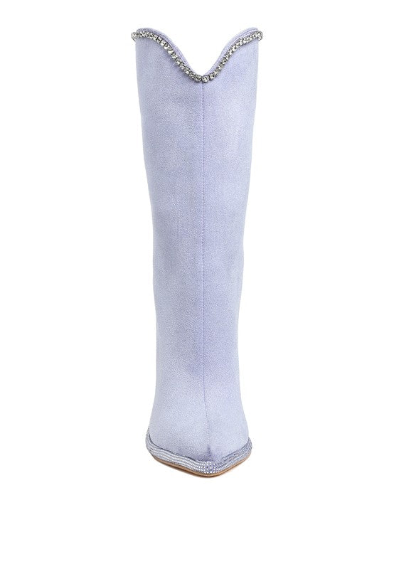 Rag Company designer heeled boots with diamante chain in lavender color featuring a stylish v-shaped top