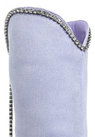 Light purple designer heeled boots with diamante chain detailing for a trendy look