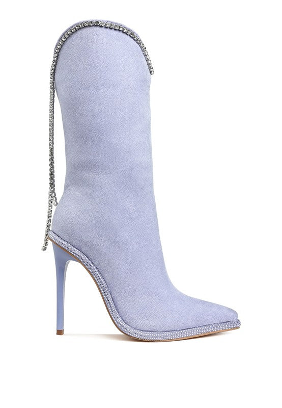 Rag Company designer heeled boots with diamante chain in light blue featuring a sleek pointed toe and high stiletto heel
