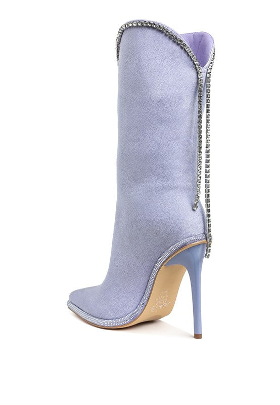 Rag Company designer heeled boots with diamante chain in light blue with stylish pointed toe design
