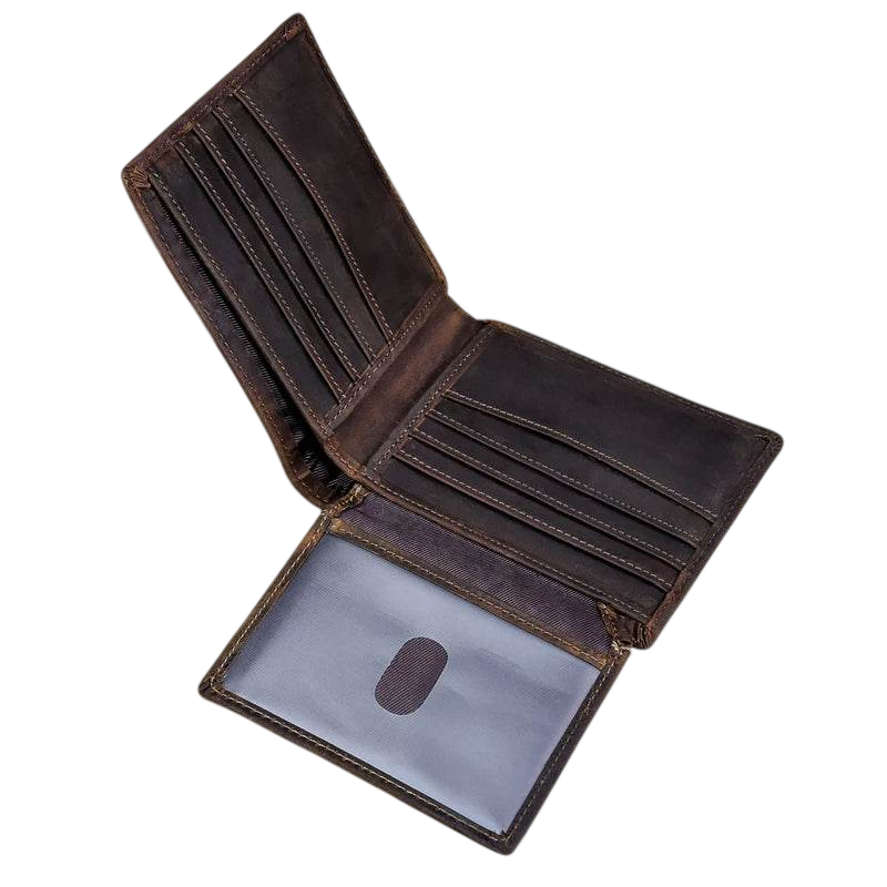 Brown leather wallet with card slots on a white background