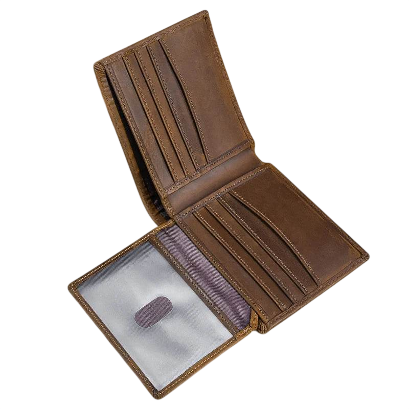 Brown leather wallet with a pine cone on a white background