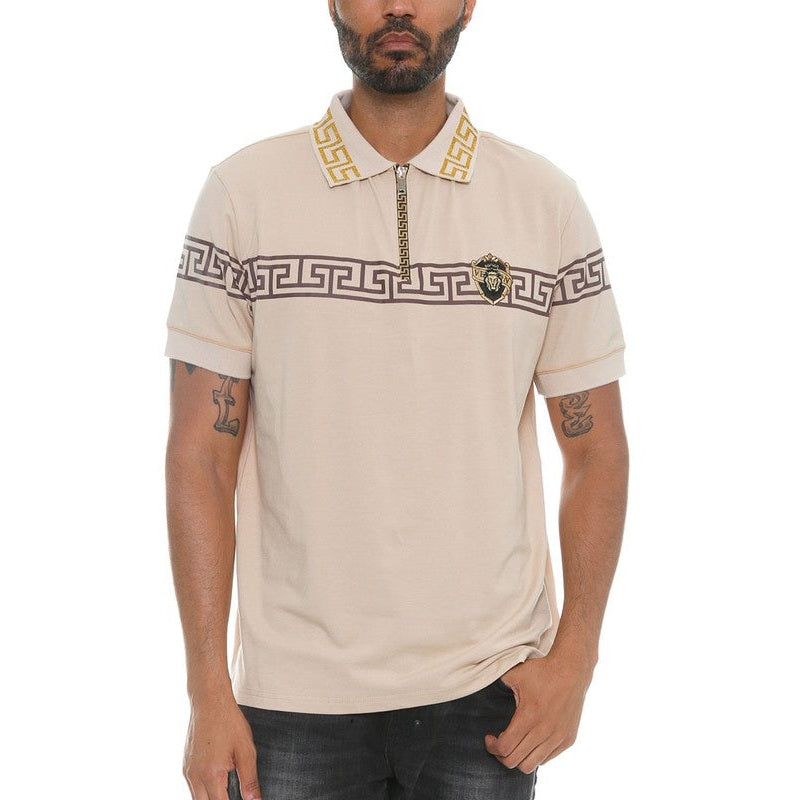 WEIV beige designer polo button down shirt with geometric patterns and gold chain zipper detail